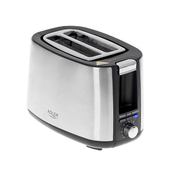 Adler Toaster AD 3214 Power 750 W, Number of slots 2, Housing material Stainless steel, Stainless steel/Black