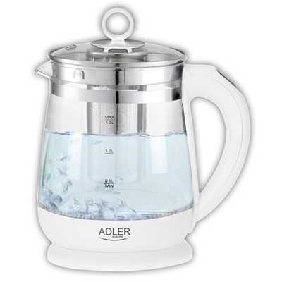 Adler Kettle AD 1299 Electric, 2200 W, 1.5 L, Glass/Stainless steel, 360 rotational base, White