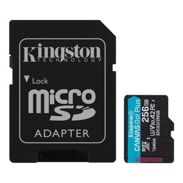 Kingston microSD Canvas Go! Plius 256 GB, MicroSD, Flash atminties klasė 10, SD adapteris