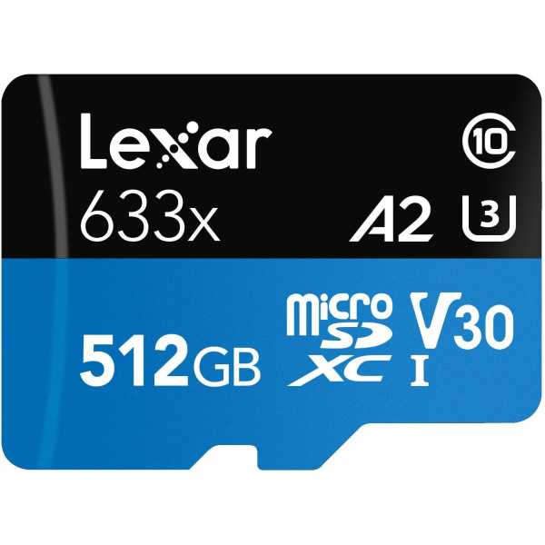 Lexar High-Performance 633x UHS-I MicroSDXC, 512 GB, Flash memory class 10, Black/Blue, Class: A2 V30 U3, 70 MB/s, 100 MB/s