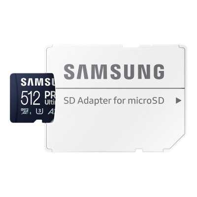 Samsung MicroSD Card PRO Ultimate 512 GB, microSDXC Memory Card, Flash memory class U3, V30, A2, SD adapter