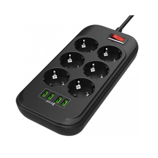 ColorWay Power Socket CW-CHE64B Black, 4xUSB, 2 m, 250 V, 6 euro sockets, 17 W