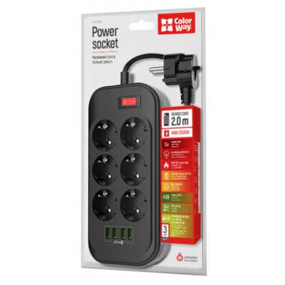 ColorWay Power Socket CW-CHE64B Black, 4xUSB, 2 m, 250 V, 6 euro sockets, 17 W