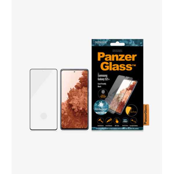 PanzerGlass Samsung , Galaxy S21+ serija, antibakterinis stiklas, juodas, ekrano apsauga nuo pirštų atspaudų, tinka dėklui, sude