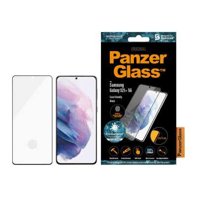 PanzerGlass Samsung, Galaxy S21+ Series, Antibacterial glass, Black, Antifingerprint screen protector, Case Friendly, Compatible