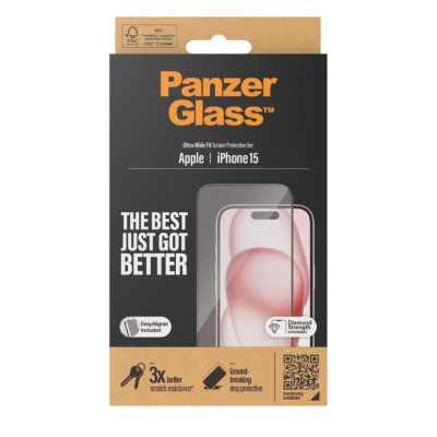 PanzerGlass Screen protector, Apple, iPhone 15, Glass, Clear, Ultra-Wide Fit