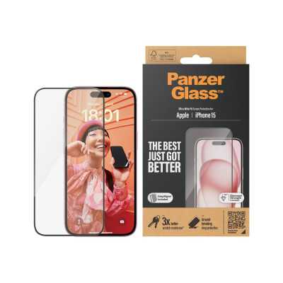 PanzerGlass Screen protector, Apple, iPhone 15, Glass, Clear, Ultra-Wide Fit