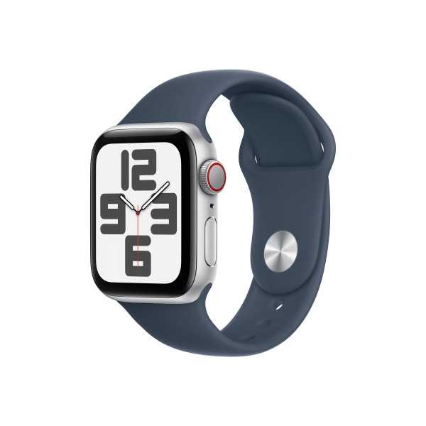 Apple Watch SE“ GPS + mobilusis 40 mm sidabrinis aliuminio dėklas su „Storm Blue“ sportine juostele – M/L Apple