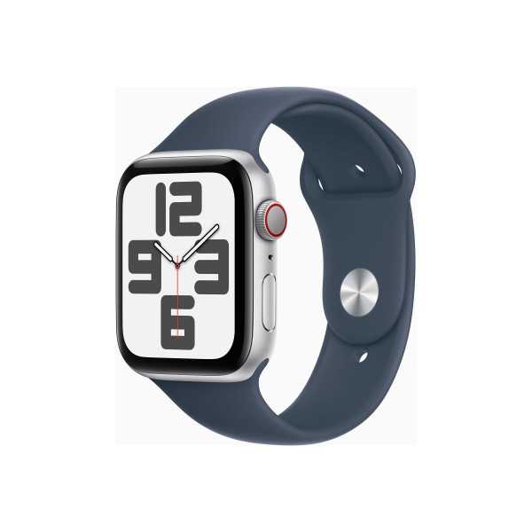 Apple Watch SE GPS + mobilusis 44 mm sidabrinis aliuminio dėklas su Storm Blue sportine apyranke – S/M Apple