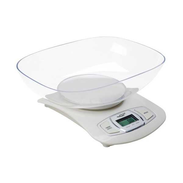 Adler AD 3137 Kitchen scales, Capacity 5 kg , Graduation 1g, Big LCD Display, Auto-zero/Auto-off, Large bowl, White Adler Adler 