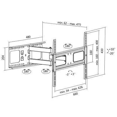 Logilink BP0028 TV Wall mount, 37"-70", tilt +10 -20 ,swievel +-90 , 475mm Logilink Wall Mount 37-70 " Maximum weight (capacity)