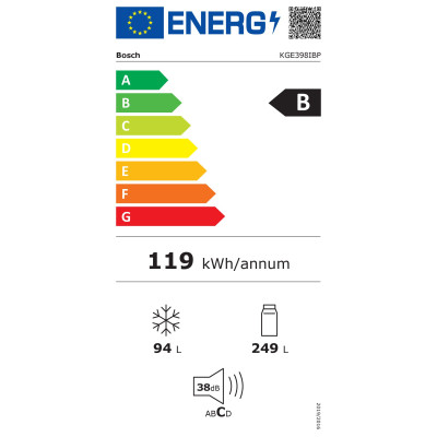 Bosch | Refrigerator | KGE398IBP Series 6 | Energy efficiency class B | Free standing | Combi | Height 201 cm | Fridge net capac