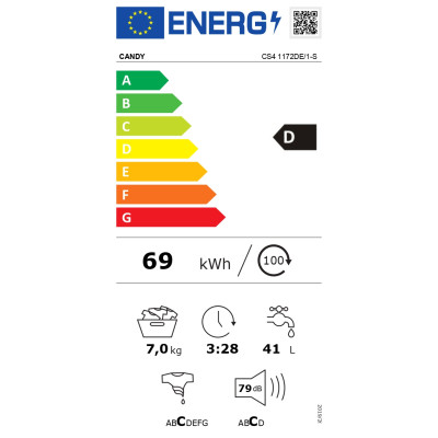 Candy | Washing Machine | CS4 1172DE/1-S | Energy efficiency class D | Front loading | Washing capacity 7 kg | 1100 RPM | Depth 