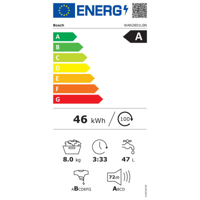 Bosch | Washing Machine | WAN2801LSN | Energy efficiency class A | Front loading | Washing capacity 8 kg | 1400 RPM | Depth 59 c