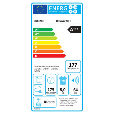 Gorenje Dryer Machine | DPNA83WIFI | Energy efficiency class A+++ | Front loading | 8 kg | LED | Depth 62.5 cm | Wi-Fi | White