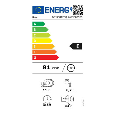 BEKO Built-In Dishwasher BDIS38120Q, Energy class E, Width 45 cm, Aqualntense, 8 programs, 3rd drawer, Led Spot