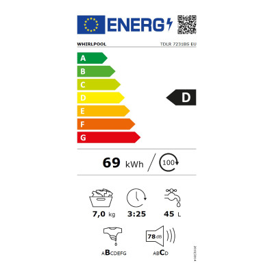 WHIRLPOOL Top load washing machine TDLR 7231BS EU 7 kg, 1200 rpm, Energy class D, Width 40 cm, Depth 60 cm, Inverter motor