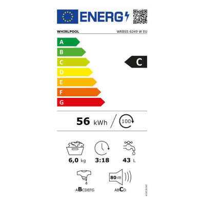 WHIRLPOOL Washing machine WRBSS 6249 W EU, 6 kg, 1200 rpm, Energy class E, Depth 42.5 cm, Inverter motor