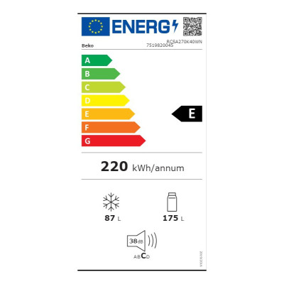 BEKO Refrigerator RCSA270K40WN, Energy class E, Height 171cm, White