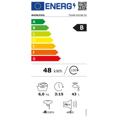 Whirlpool Washing Machine | TDLRB 6251BS EU | Energy efficiency class B | Top loading | Washing capacity 6 kg | 1200 RPM | Depth