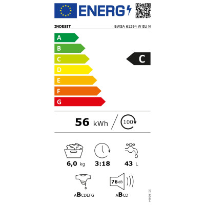 INDESIT | Washing machine | BWSA 61294 W EU N | Energy efficiency class C | Front loading | Washing capacity 6 kg | 1151 RPM | D