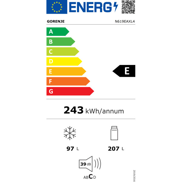 Gorenje Refrigerator | N619EAXL4 | Energy efficiency class E | Free standing | Combi | Height 186 cm | No Frost system | Fridge 