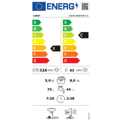 Candy Washing Machine with Dryer | CSOW 4855TWE/1-S | Energy efficiency class C/E | Front loading | Washing capacity 8 kg | 1400