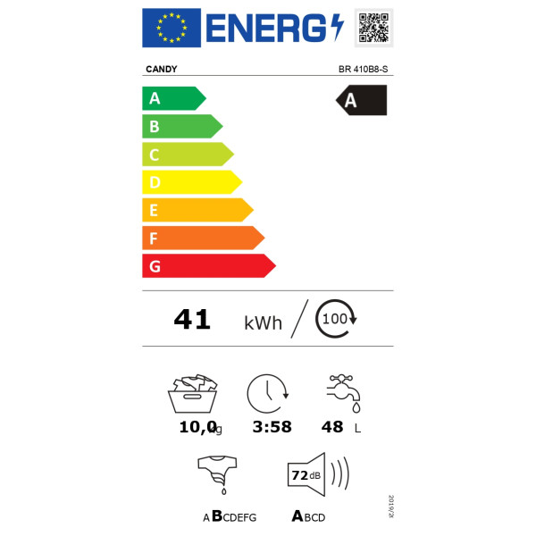 Candy Washing Machine | BR 410B8-S | Energy efficiency class A | Front loading | Washing capacity 10 kg | 1400 RPM | Depth 60 cm