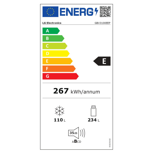 LG Refrigerator | GBV3100EEP | Energy efficiency class E | Free standing | Combi | Height 186 cm | No Frost system | Fridge net 