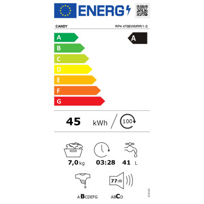 Candy | Washing Machine | RP4 476BWMRR/1-S | Energy efficiency class A | Front loading | Washing capacity 7 kg | 1400 RPM | Dept