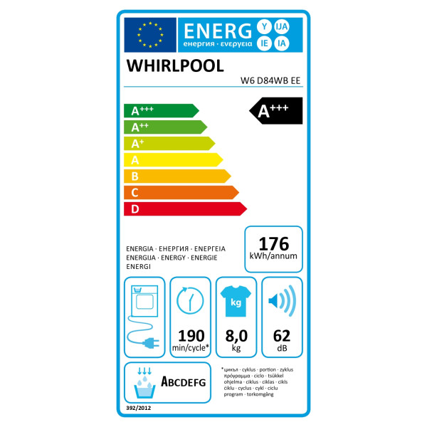 Whirlpool Dryer Machine with Heat Pump | W6 D84WB EE | Energy efficiency class A+++ | Front loading | 8 kg | LCD | Depth 65.6 cm